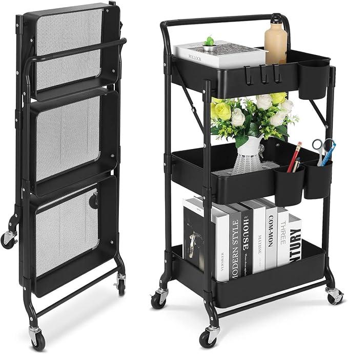 Foldable 3 Tier Metal Utility Rolling Cart, Folding Mobile Multi-Function Storage Trolley Organizer Cart for Home Library Office(Black), Size 44×30×89 cm