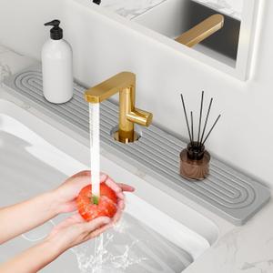 24'' Longer Faucet Mat for Kitchen Sink [Diatomite Stone Super Fast Drying] Stone Faucet Mat for Kitchen Sink Splash Guard Sink Stone Quick Dry around Faucet Stone Drying Mat Bathroom Quick Drying Mat (23.7" x 4", Light Gray)