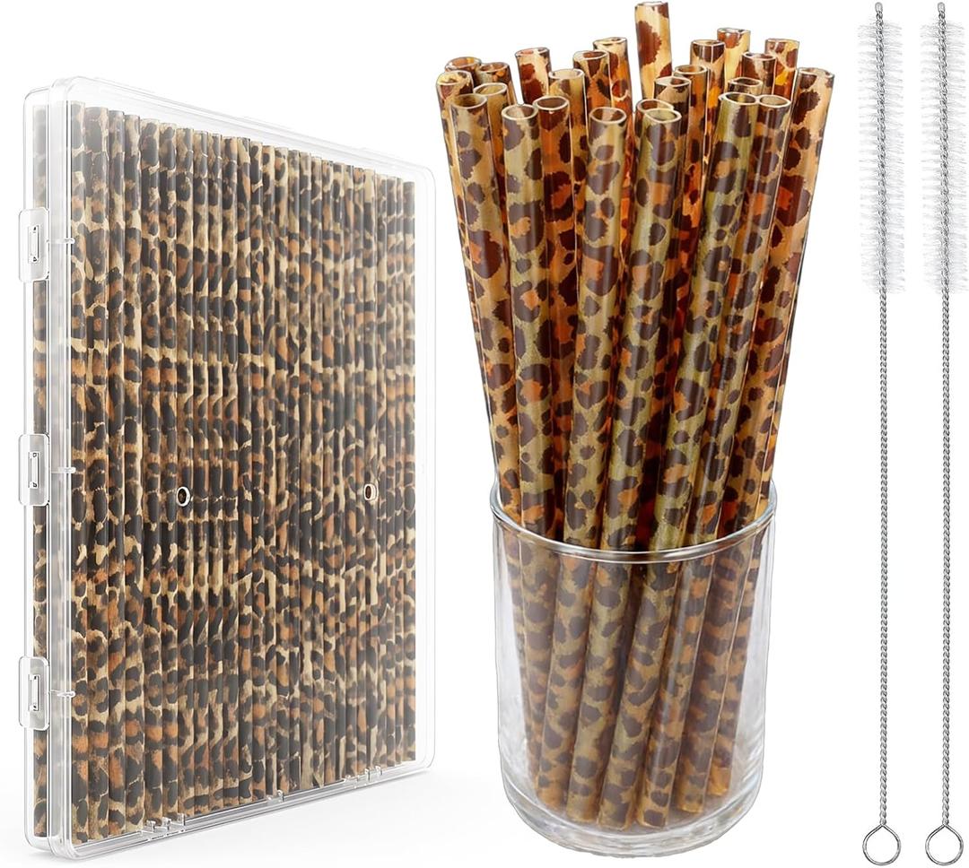30 Pcs Reusable Leopard Straws Cheetah Animal Print Plastic Drinking Straws Bulk, for Women Tumblers, Safari Wild Theme Birthday Party Favors & Supplies