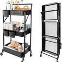 3 Tier Foldable Rolling Cart with Wheels, Folding Utility Cart Organizer, Collapsible Rolling Storage Cart with 3 Hanging Cups & 6 Hooks for Kitchen, Office, Nursery(Black)