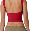 QINSEN Women's Sexy Open Back Sleeveless Crop Tank High Neck Slim Fit Cropped Tee Shirt Y2k Tops (Medium, Fairy Red)
