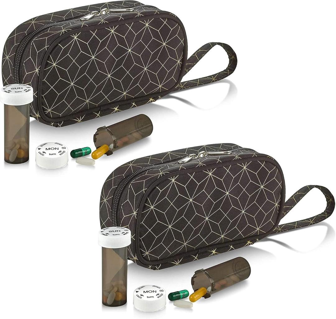 Pill Case and Pills Bottle Organizers - (Pack of 2) Weekly and Daily Medicine Container Carrier Tote Bag for Weekly Pill Bottles with 6 Extra Daily Bottles
