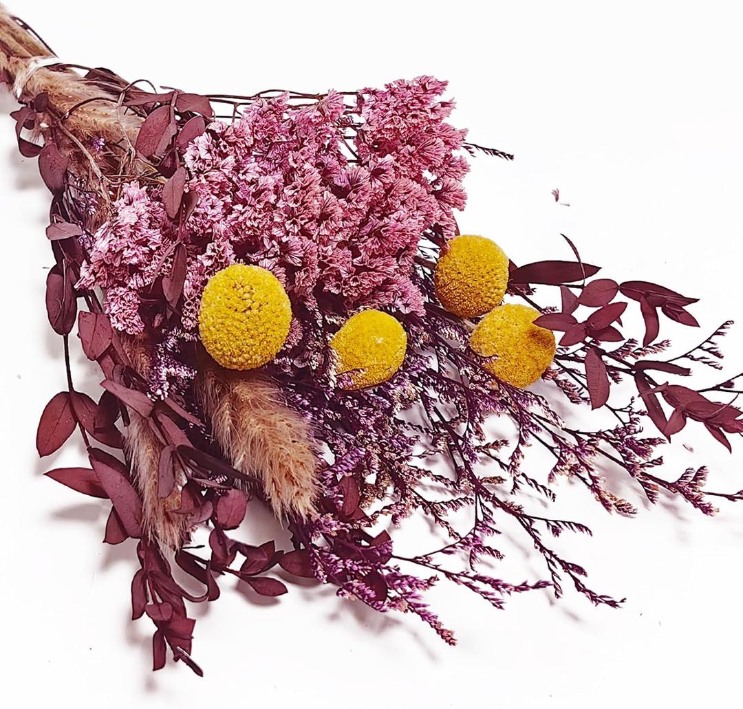L'BREVOGA Dried Flower Bouquet - Caspia,Rose, Billy Ball, Gypsophila - 15 Inches, Unique Design (Purple)
