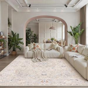 8x10 Beige Multi Washable Area Rug for Living Room Bedroom Neutral Floral Soft Low Pile Lightweight Throw Rug Non Slip Distressed Carpet Dining Room Nursery Classroom Playroom Home Decor