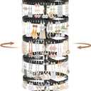 iDavosic.ly 5 Tier Rotating Earring Holder Organizer with Wooden Tray, Large Dangle Display Stands Tree with 285 Plastic Grooves, Adjustable Hoop Storage Rack, Space Saving Tower, Black & Brown