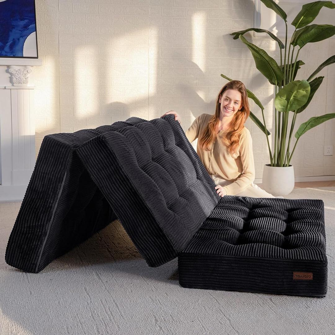 MAXYOYO Tri-Fold Mattress, 6 Inch Tufted Folding Mattress Full Foam Bed, Foldable Floor Couch Guest Bed Topper Portable Camping Sleeper with Corded Fabric, Black, 53"x75"