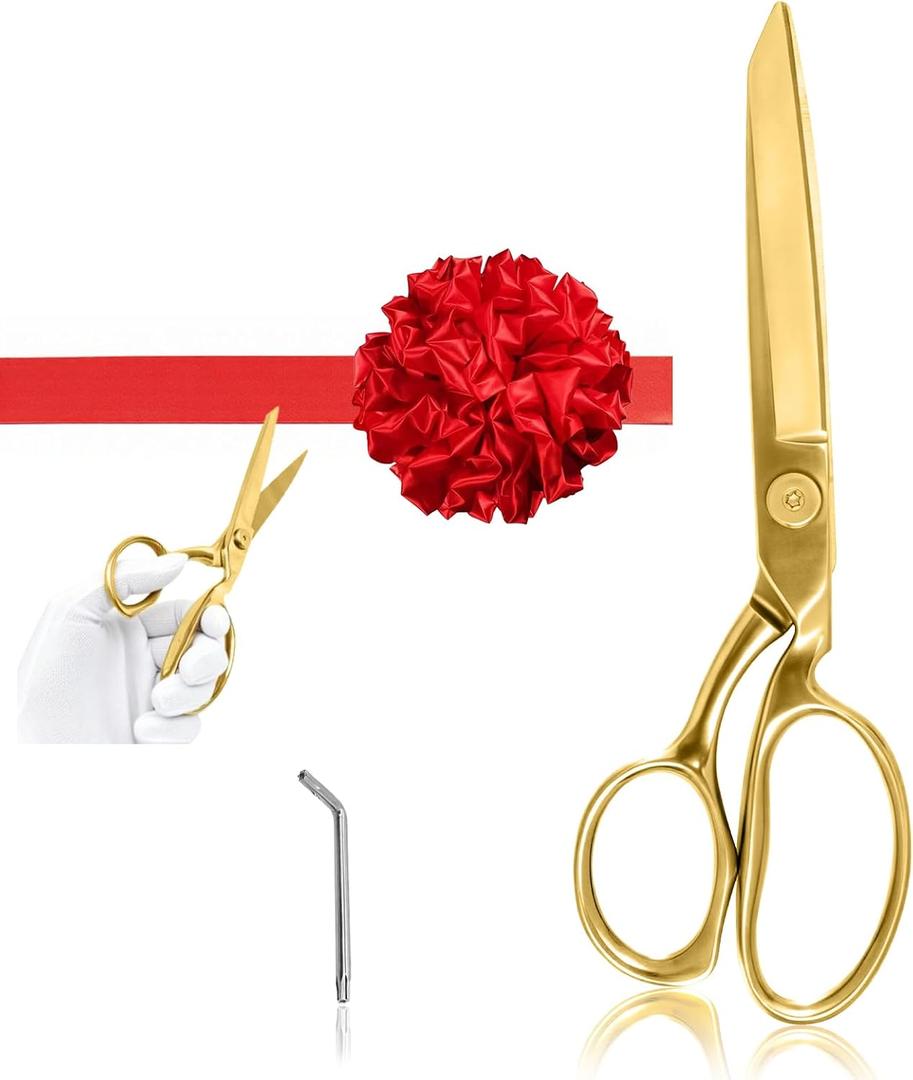 Grand Opening Ribbon-Cutting Ceremony Kit Includes Gold Scissors, Flower Ball, Red Ribbon & White Gloves,Suitable for all ribbon-cutting and inauguration ceremonies (Mirror Polished Handle)