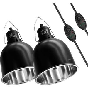 Reptile Light Fixture with Dimming Switch and Timer, 5.5 Inch Deep Dome Reptile Heat Lamp Fixture, Reptile Lamp Fixture Cap for UVB Bulb Basking Heat Bulb for Reptile Glass Terrariums, 2PCS