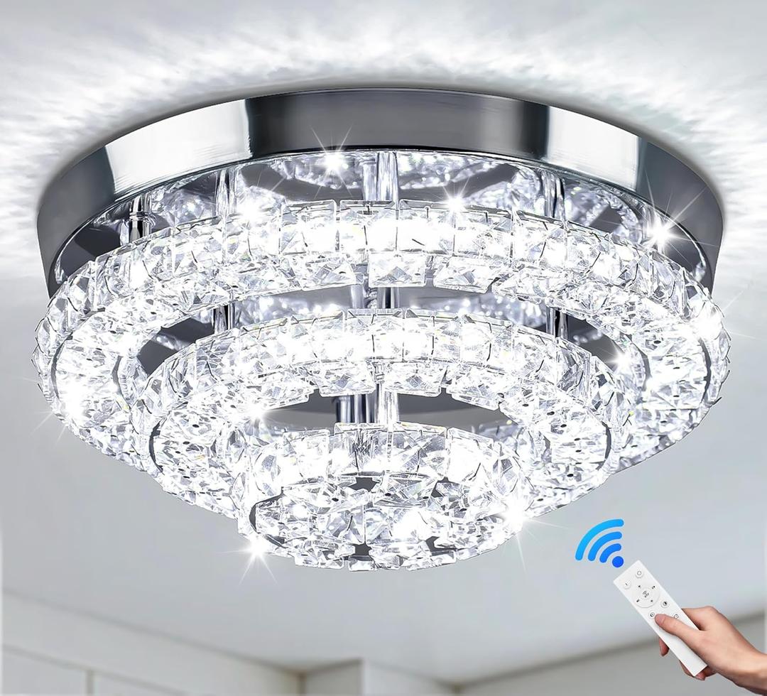 11.8" Modern Crystal Chandeliers LED Crystal Ceiling Light Fixture Flush Mount Ceiling Chandelier Light Chandelier for Dining Room Hallway Three-Tier Dimmable with Remote Control