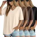 Locoowai 4 Pack Women's Oversized Short Sleeve T Shirts Cotton V Neck Tops Casual Basic Summer Loose Tees Workout Gym Shirts(Black, Dark Brown, Coffee, Cream,X-Large)