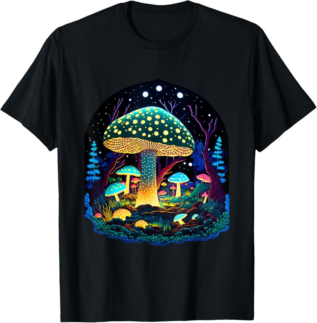 Mushroom Whisperer Colorful Fungi Design T-Shirt (Small, Black)