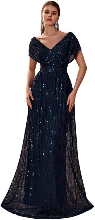 Giffniseti Women's V Neck Sequin Ball Gown Formal Maxi Dress A-Line Prom Evening Party Gowns (Blue)