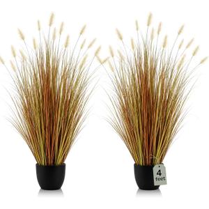 Jexine 2 Pieces 4 ft Artificial Tall Grass Plants Outdoor with Yellow Horsetail Reed Tall Artificial Grass Green Onions Plant Potted for Housewarming Gift House Garden Lobby Outdoor