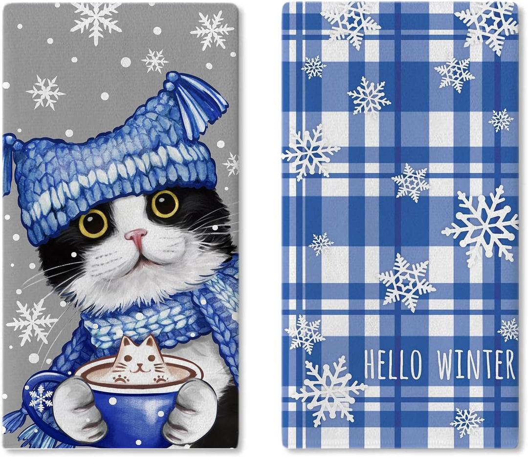 Hello Winter Tuxedo Cat Kitchen Dish Towels Set of 2, Snowflake Drying Hand Towel Baking Cooking Cloth Pet Owner Lover Gift, Blue Buffalo Plaid Christmas Bathroom Home Decoration 18'' x 26''