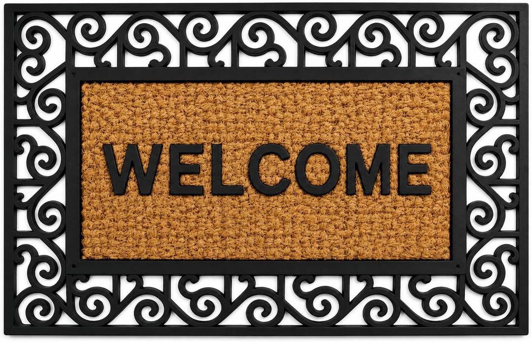 Gardenised Natural Coir and Non-Slip Rubber Doormat with Embossed Welcome Design Coconut Fiber Floor Mat for Front Door Porch Patio Entryway Garage Mudroom & Use 18x30, Warm Welcome