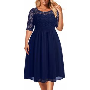 Pinup Fashion Plus Size Lace Chiffon Wedding Guest Dresses Women Cocktail Party Midi Dress 24W