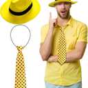 2 Pcs Yellow Hat Costume for Men Women Halloween Cosplay Outfit Set Retro Wide Brim Felt Hat with Black Belt Yellow Tie with Black Polka Dots