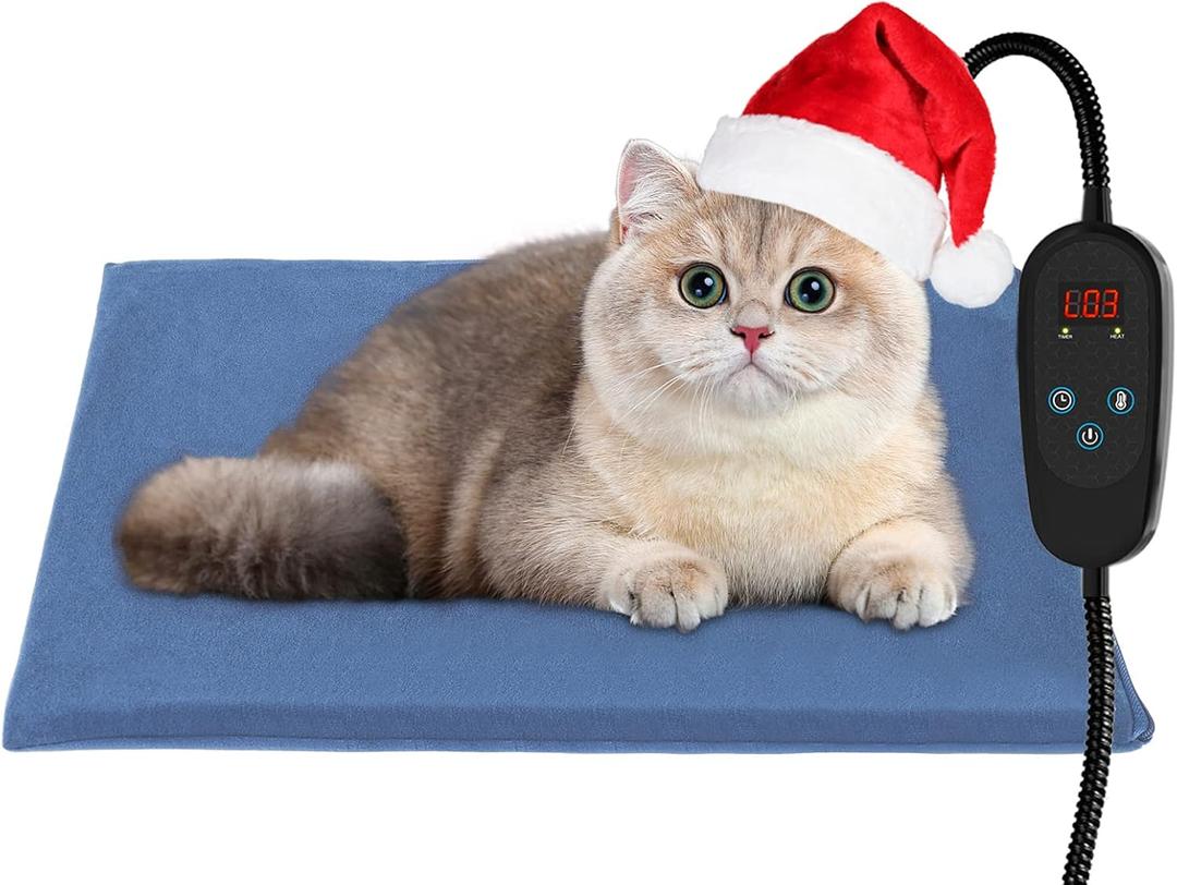 Outdoor Cat Warmer with Timer - Heated Pad for Indoor & Outdoor Use, Ideal for Feral Cats (M: 16" x 20", Blue)