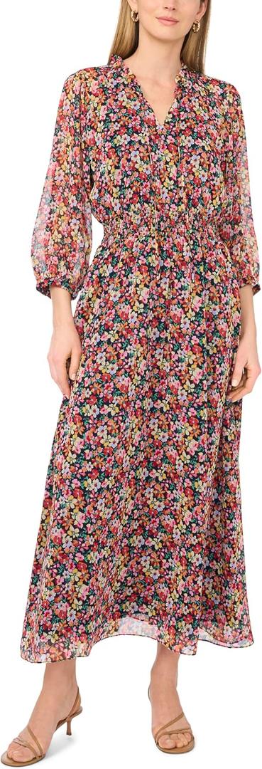 Vince Camuto Women's 3/4 Puff Sleeve V-Neck Smocked Waist Maxi Dress,Medium