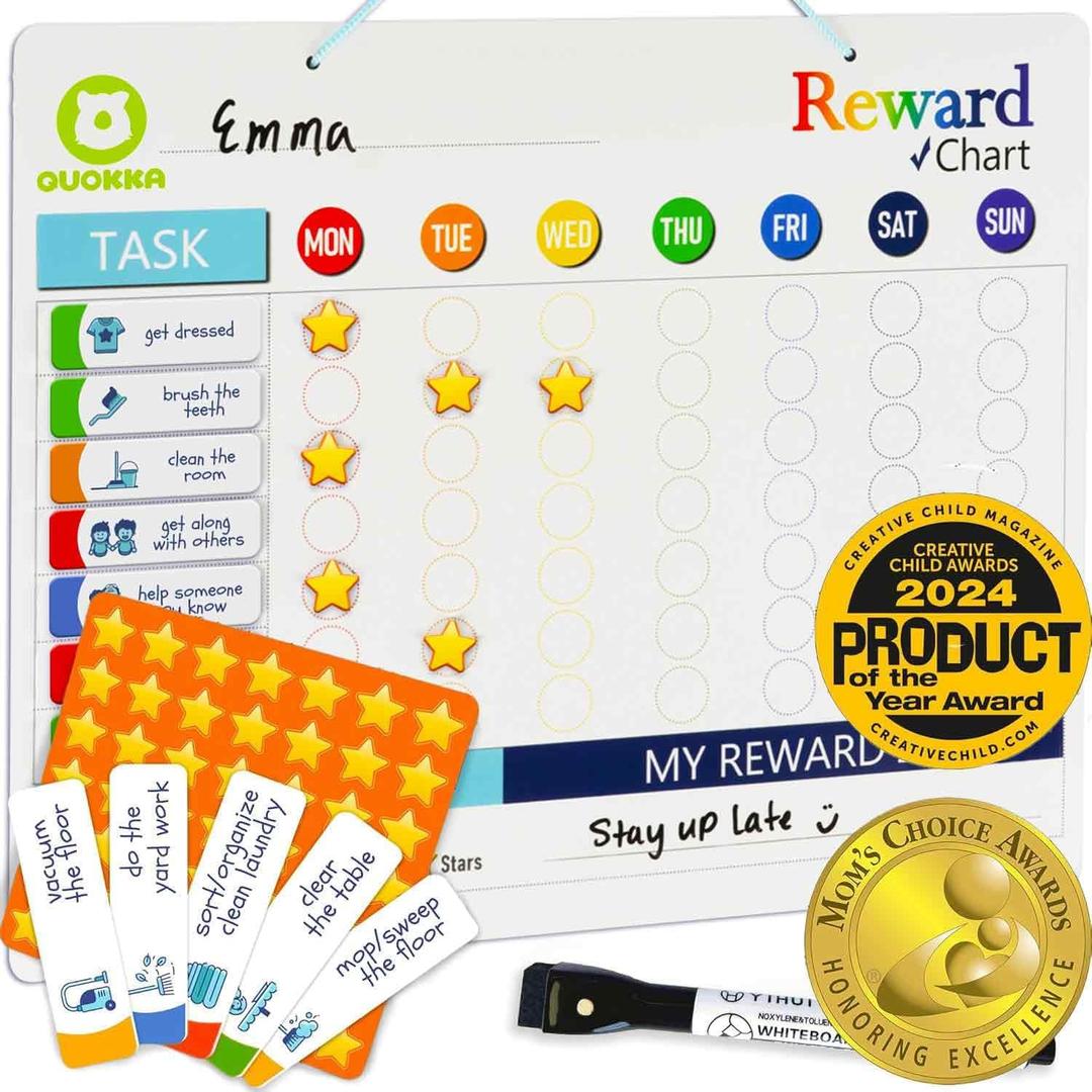 QUOKKA Reward Chart for Kids - Magnetic Behavior Chore Chart for Kids at Home - Dry and Erase Routine and Responsibility - Use 84 Magnets & 102 Stars - from Toddlers to Teens - Extended Version