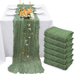 INVGEEXI 6 Pack Sage Green Cheesecloth Table Runners 35" x 120", Boho Rustic Farmhouse 10FT Gauze Table Runner for Wedding Baby Shower Birthday Party Holiday Decor