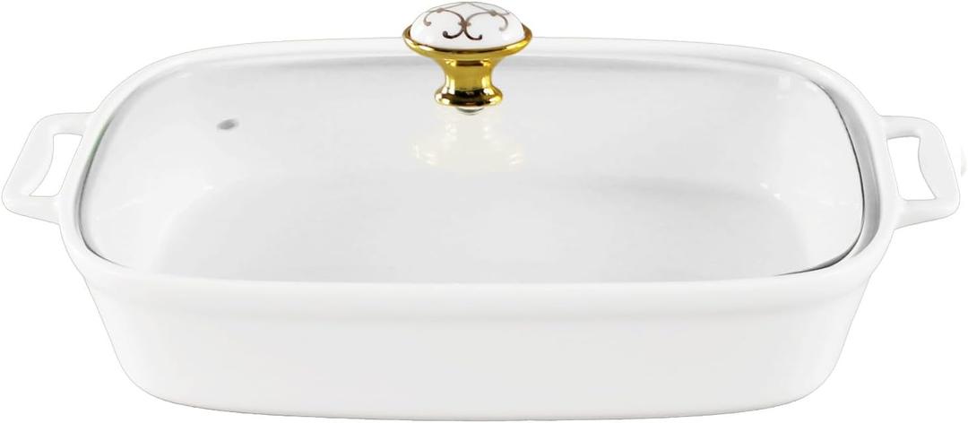 10" x 7" Ceramic Rectangular Casserole Dish with Glass Lid, 1.3 Quart White Serving Soup Tureen,Chafing Dish for Buffet, Family Food preserve Tray, Catering Casserole for Party Style