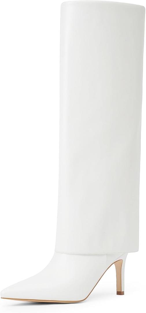 Knee High Boots Women Fold Over Boots Pointed Toe Stiletto Heel Long Shark Tall Boots with Zipper (6.5, White Pu)