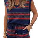 Dokotoo Sleeveless Tops for Women 2 Piece Outfits V Neck Tank Tops Casual Tie Waist Pockets Shorts Summer Western Striped Print Lounge Sets Blue Stripe Medium