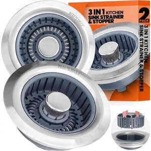 2 Pack Sink Drain Strainer - Sink Stopper, 3 in 1 Stainless Steel Kitchen Drain Plug with Deep Anti-Clog Basket and Odor-Blocking Seal, Pop-Up Design Fits Standard 3-1/2 Inch Sink (Silver)