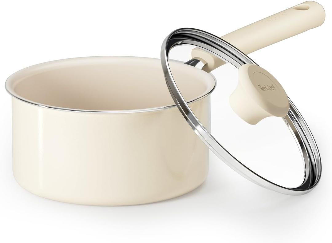 Redchef Ceramic Nonstick Saucepan with Lid, 1.5QT Small Cooking Pot, Non Toxic Sauce Pans for Kitchen, Cool Handle PFAS Free Compatible with All Cooktops, White (Cream)
