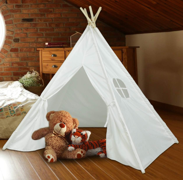 Ogrmar Teepee Play Tent Foldable White Canvas Playhouse Portable Tent for Girls and Boys to Play Indoor and Outdoor, White