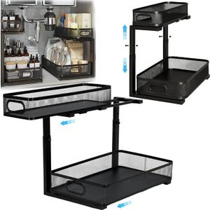2 Pack Under Sink Organizer, Dual-Layer Pull Out Mesh Cabinet Rack with 5-Level Height Adjustment, Rust-Resistant Sliding Storage for Bathroom & Kitchen, Multi-Purpose 2-Tier Shelf(Black)