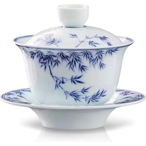 fanquare Gaiwan Chinese Tea Cup 6oz China Bamboo Style Porcelain Cover Bowl with Saucer Traditional Blue and White Tea Service for Dcor Home Tea Party