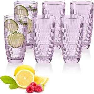 Highball Beverage Glasses Set of 6 Romantic Colored Thick & Heavy Base Big Capacity 14.87oz|440ml, Drinking Glass Tumblers for Iced Tea, Water, Soda & Juice and Cocktails (Purple)