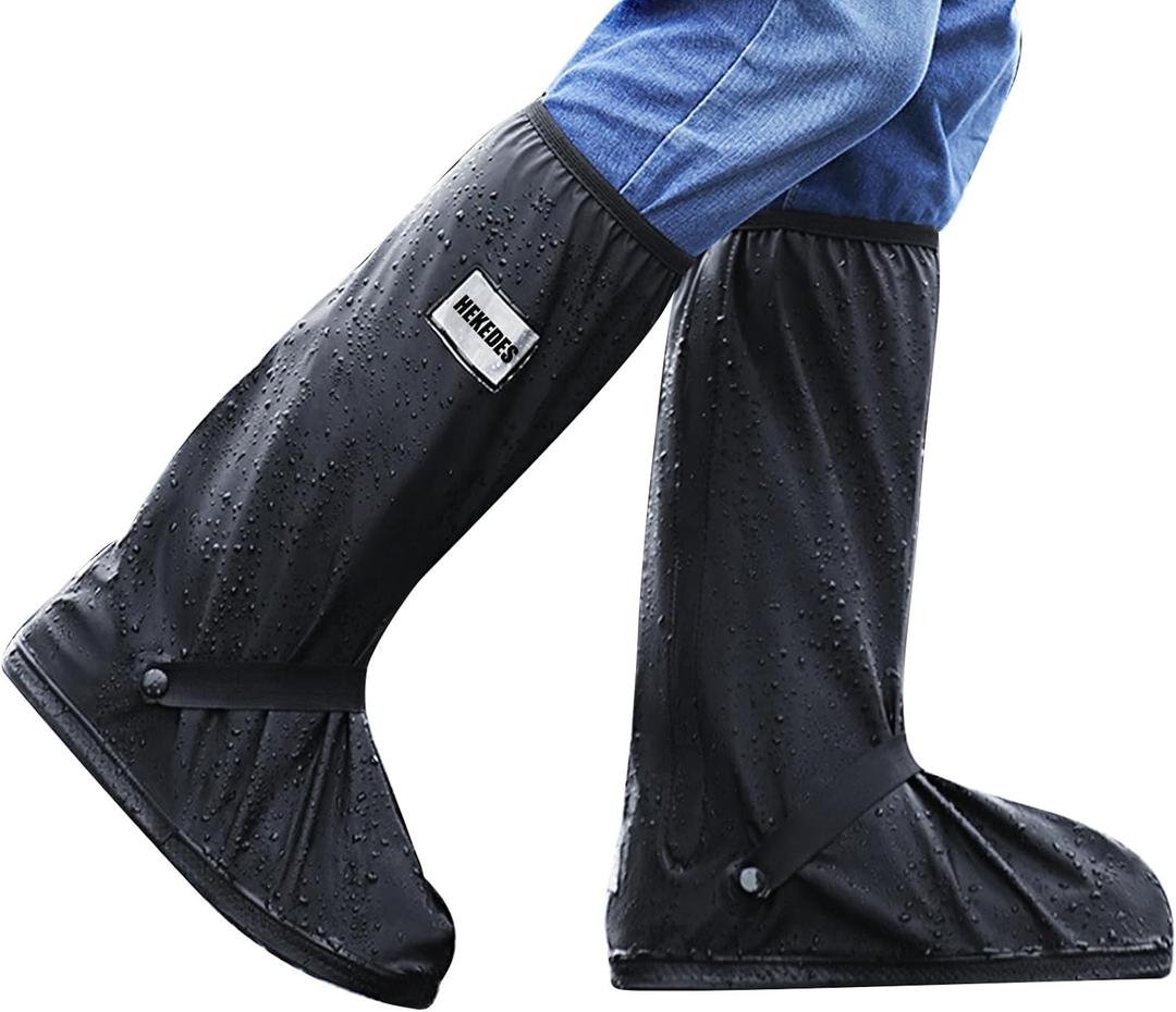 Waterproof Shoe Covers, Reusable & Foldable Rain Boot Shoe Cover with Zipper, Non-Slip, Reflector, Men Women Rain Gear, Black, L