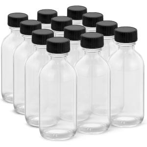 2OZ Small Glass Bottles with Lids and Funnels, 60ml Boston Round Glass Bottles, Leakage-Proof Mini Travel Bottle, Perfect for Diy Essential Oils, Perfumes, Whiskey and Juices, 12 Pack Clear
