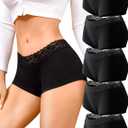 FINETOO Cotton Underwear for Women Boy Shorts Lace Boxer Briefs Soft Full Coverage Womens Panties 5 Pack S-XXL (Black)