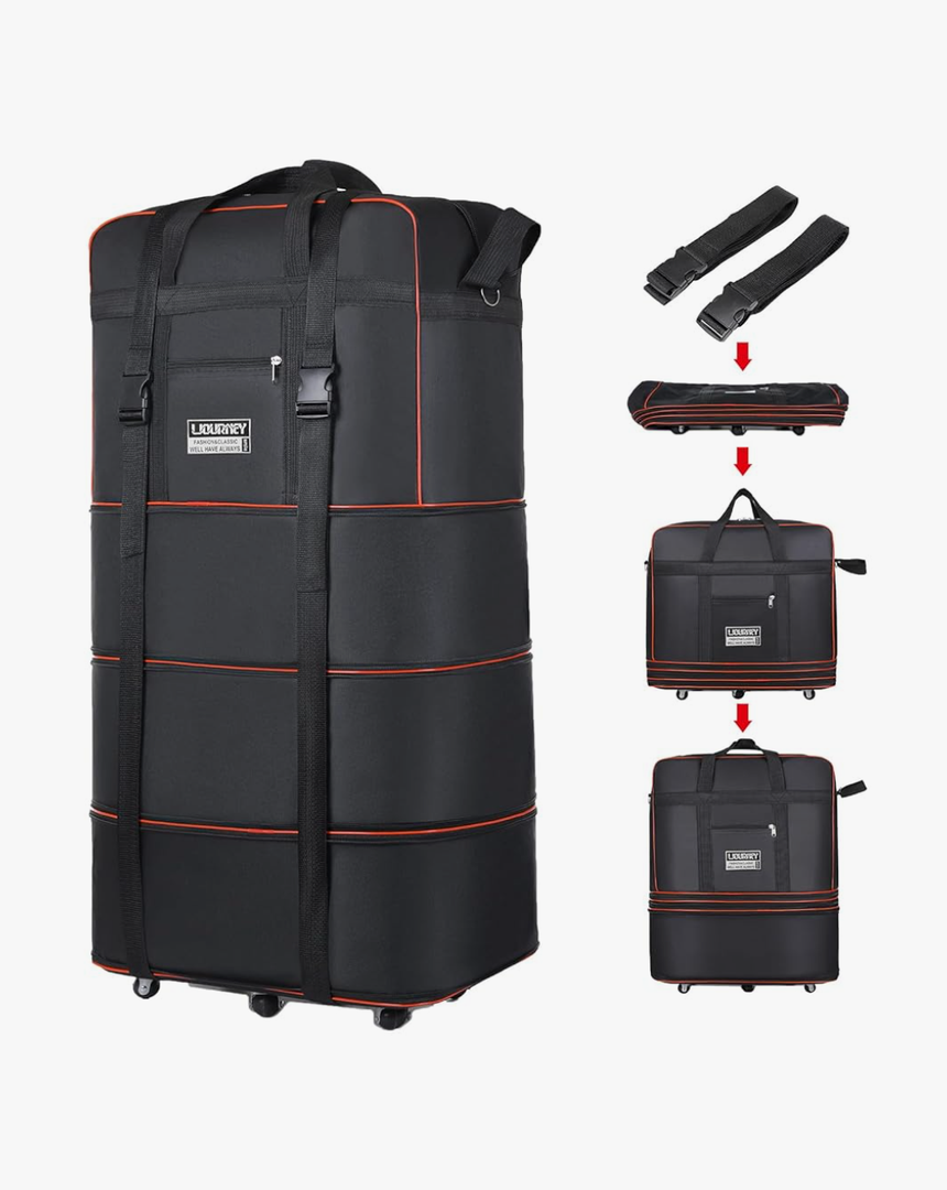 Expandable Large Capacity Travel Bag Oxford Cloth Duffel Bag with Wheels Lightweight Waterproof Travel Foldable Suitcase(Black)