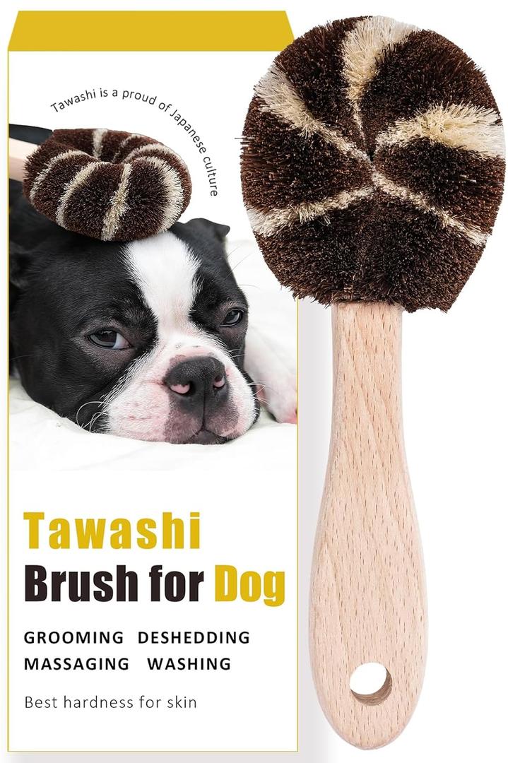 Dog Grooming Massage Tawashi Brush with Wood Handle Less Static Natural Palm Fiber Made in Japan (Small Dog A)