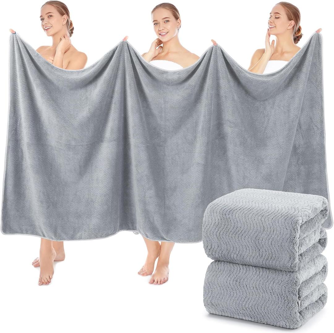 2 Pcs Oversized Bath Towels, 40 x 80 Inch Extra Large Coral Fleece Soft and Absorbent Bath Sheets, Lightweight Shower Towels for Home, Spa, Beach, Pool (Light Gray)