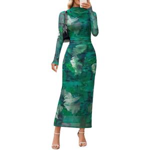 MEROKEETY Women's Spring Wedding Guest Dress 2026 Long Sleeve Bodycon Floral Mesh Fall Cocktail Holiday Party Maxi Dresses (Green)