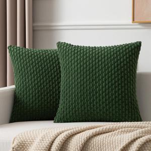 Kevin Textile Pack of 2 Corduroy Decorative Throw Pillow Covers 18x18 Inch Soft Boho Striped Pillow Covers Modern Farmhouse Home Decor for Sofa Living Room Couch Bed Dark Green