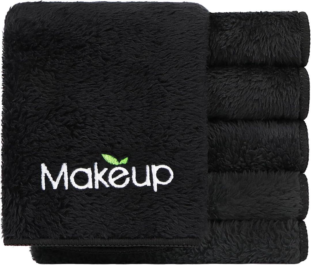 Orighty 6 Pack Premium Makeup Remover Wash Cloths - Super Soft, Quick Dry Microfiber Coral Fleece Face Makeup Towels for Cleansing, 13 x 13 Inch, Black