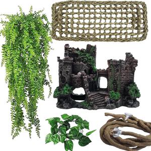 5 PCS Tank Accessories for Bearded Dragon Include Resin Classical Castle Reptile Climb Habitat Decor Hanging Jungle Vines Flexible Leaves Climbing Decor for Lizard Gecko Chameleon Spider