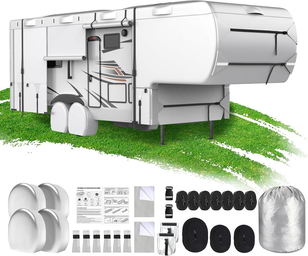 Mofeez 5th Wheel RV Cover 33-37ft, 420D Oxford Fabric Fifth Wheel Cover, Rip-Stop Anti-UV Waterproof Windproof Camper Cover with 3Pcs Extra Straps, 6 Gutter Covers & 4 Tire Covers