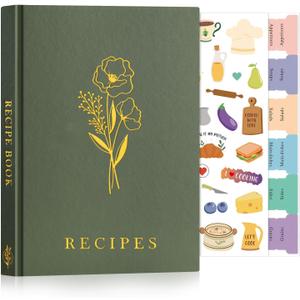 Lanpn Blank Recipe Book Cookbook to Write in Your Own Recipes, A5 Leather Cover Waterproof Empty Cooking Journal for 70 Recipes, Recipe Notebook with Stickers to Organize Your Family Recipes, Green (Medium (5.9 x 8.7 inch))
