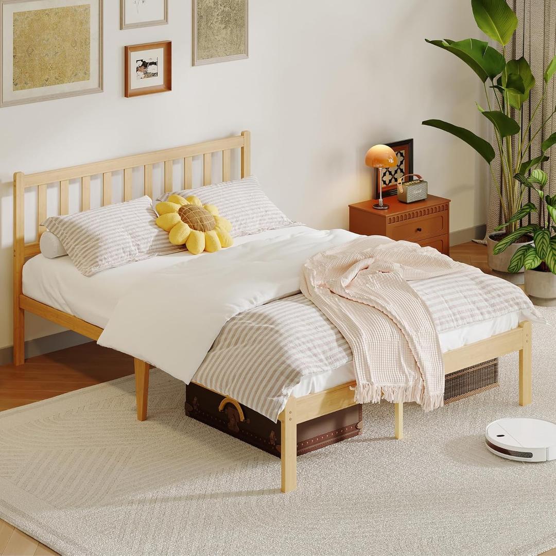12 in High Solid Bamboo Wood Platform Queen Bed Frame with Headboard, Bed Frame Queen Size, Heavy Duty, No Box Spring Needed, Nosie Free