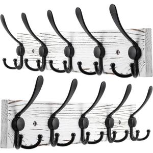Kuhome 2pcs Coat Rack Wall Mount Wooden Hat Rack for Wall Hooks Pine Real Wood Plank 16.9" Old White Coat Hanger with 5 Black Triple Hooks for Hanging Coat Hat Jacket