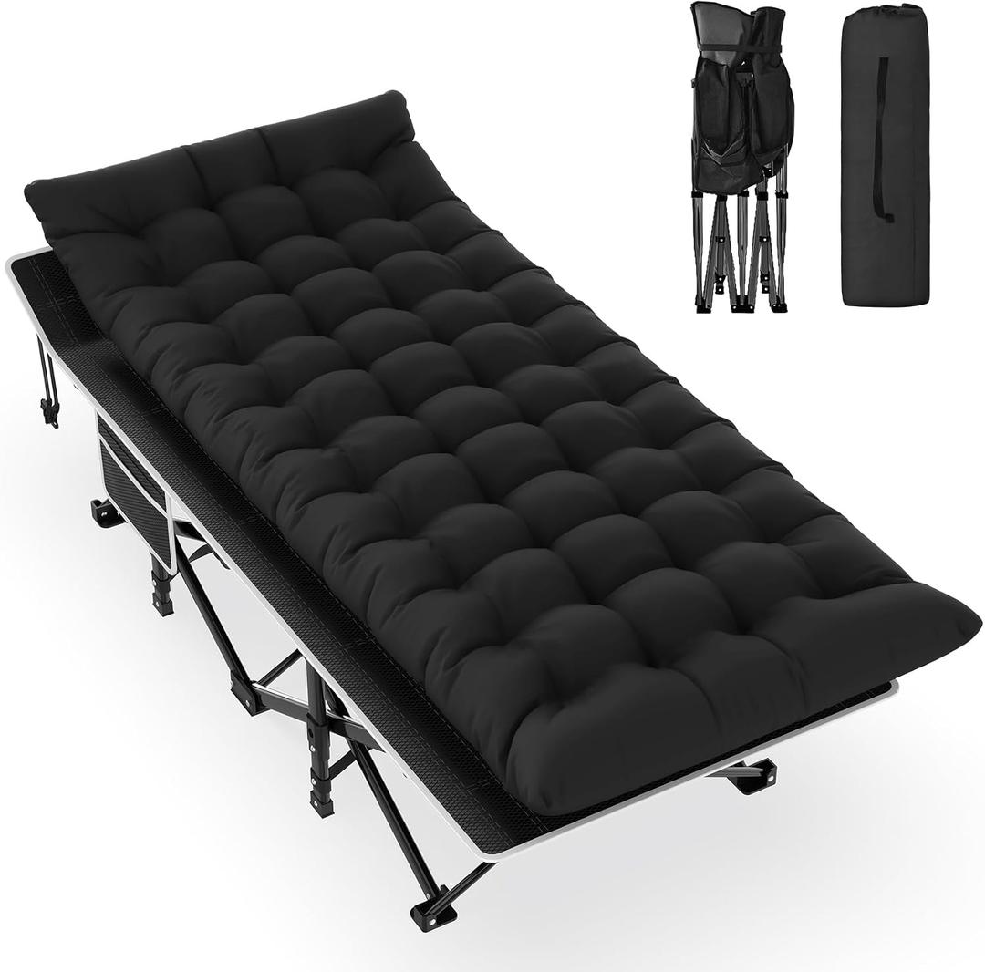 Slendor Camping Cot, Folding Camping Cots for Adults, Portable Sleeping Cot with Carry Bag, 1200D Double Layer Oxford, Camp Cot Bed for Guest Travel, Hiking, Support 500lbs, Black, X-Large