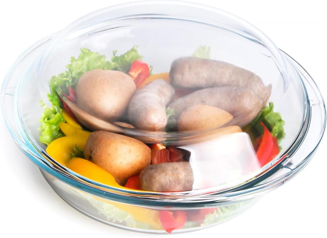 Round Glass Casserole Dish with Glass Lid, Nesting Glass Baking Dish, Heat, Cold and Shock Proof, Oven, Freezer and Dishwasher Safe (1.8L)